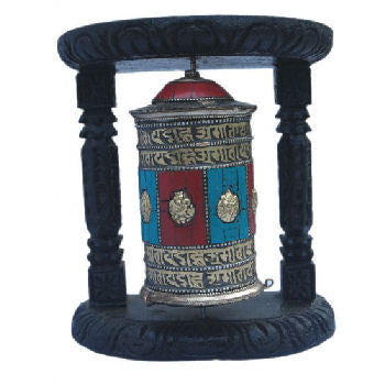 Stones Metal Prayer Wheel with wood Frame  -WZ121