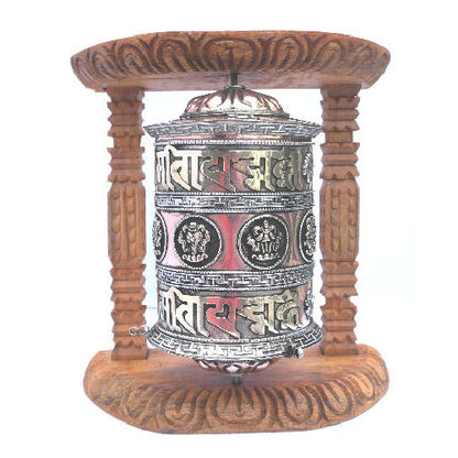 Large Metal Prayer Wheel with Natural Wood Frame   -W0525