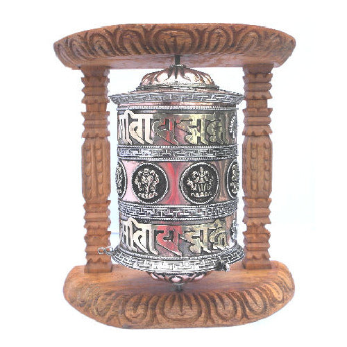 Large Metal Prayer Wheel with Natural Wood Frame   -W0525