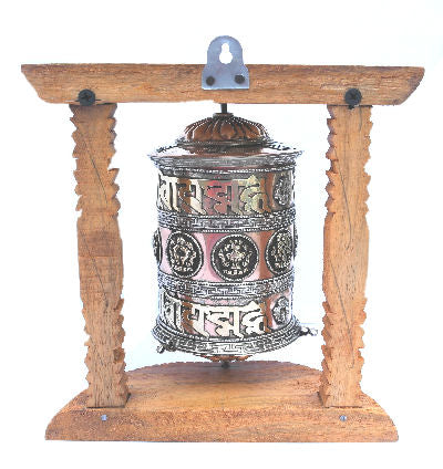 Large Metal Prayer Wheel with Natural Wood Frame   -W0525